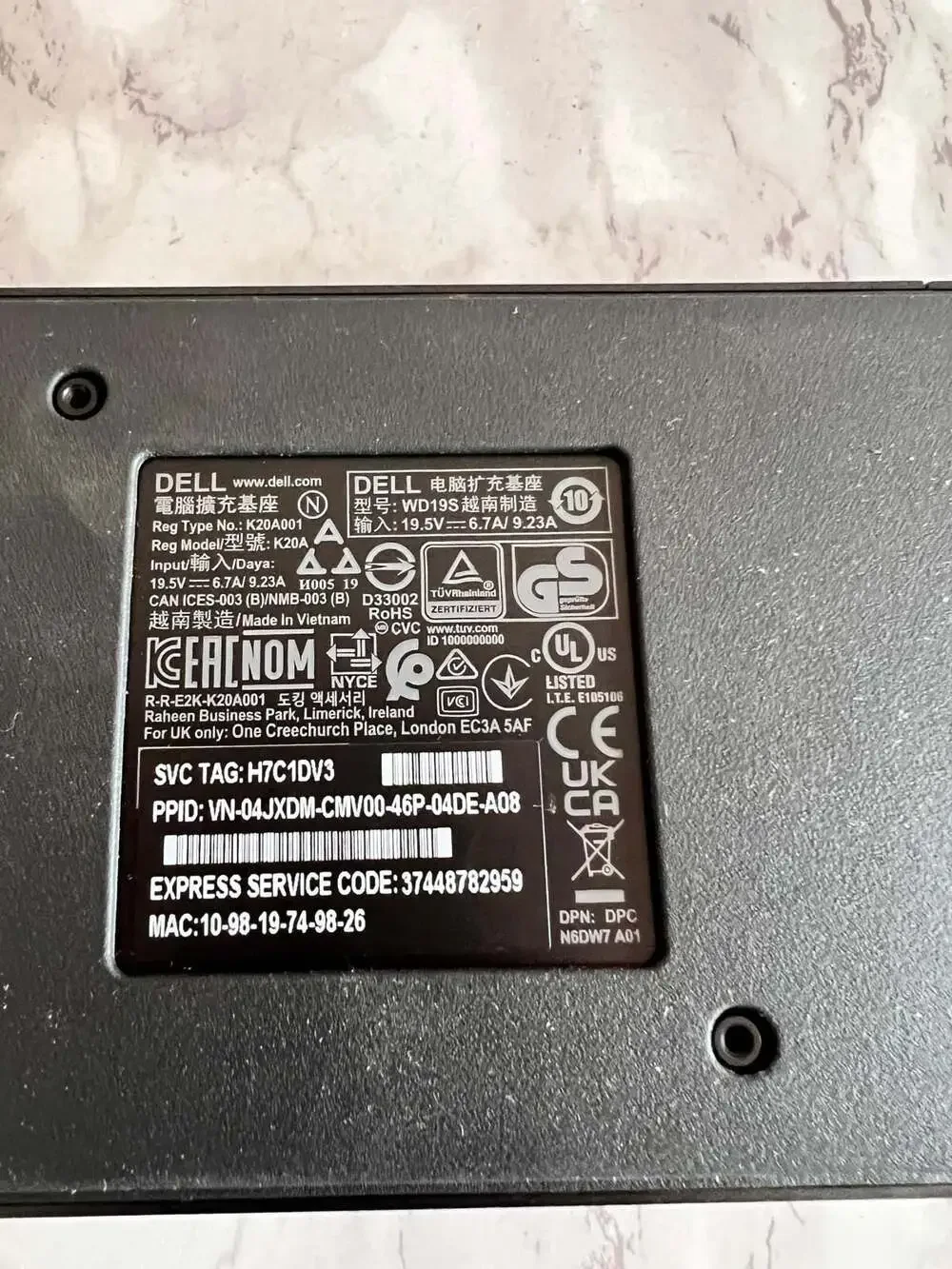 Dell WD19 USB-C Docking Station K20A001